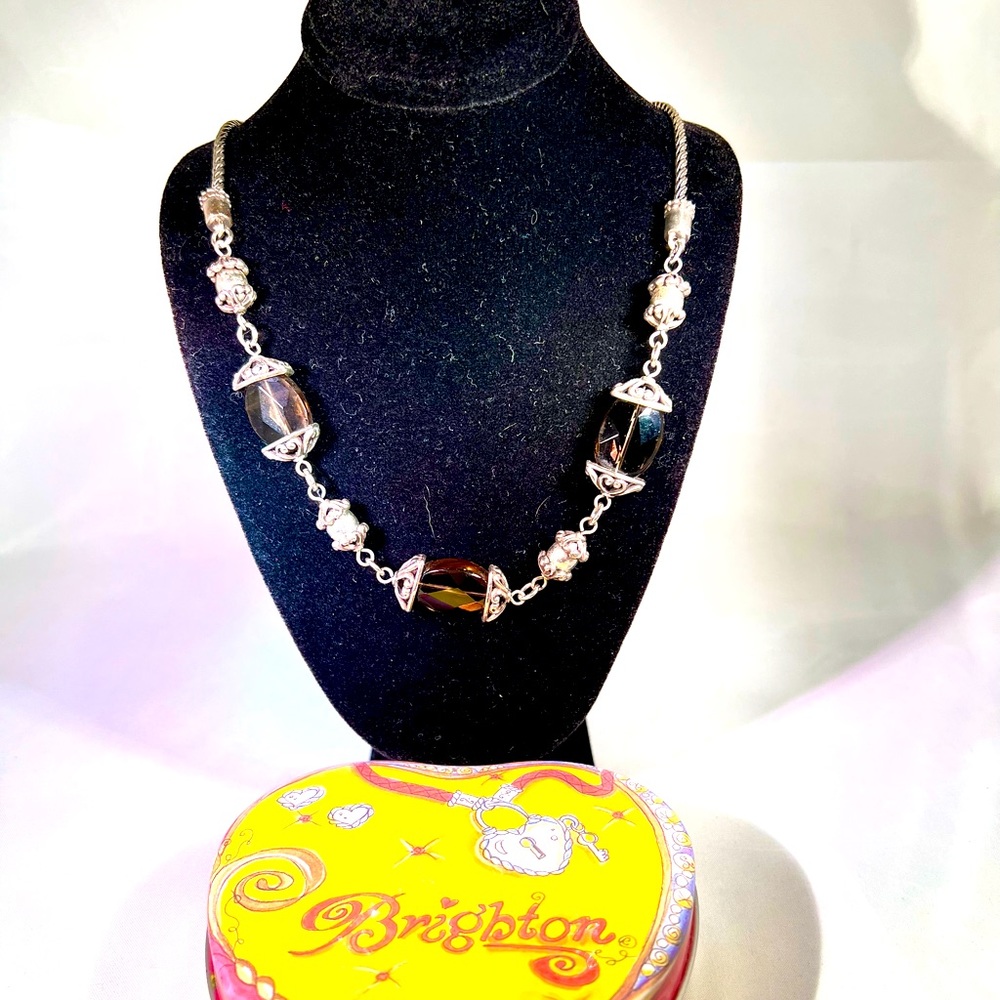 BRIGHTON Smoky Quartz Crystal & Silver Plated Beaded Necklace EUC